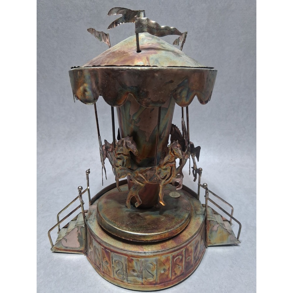 VTG Tin Copper Rotating Carousel Music Box Works 60's Brutalist Merry Go Round